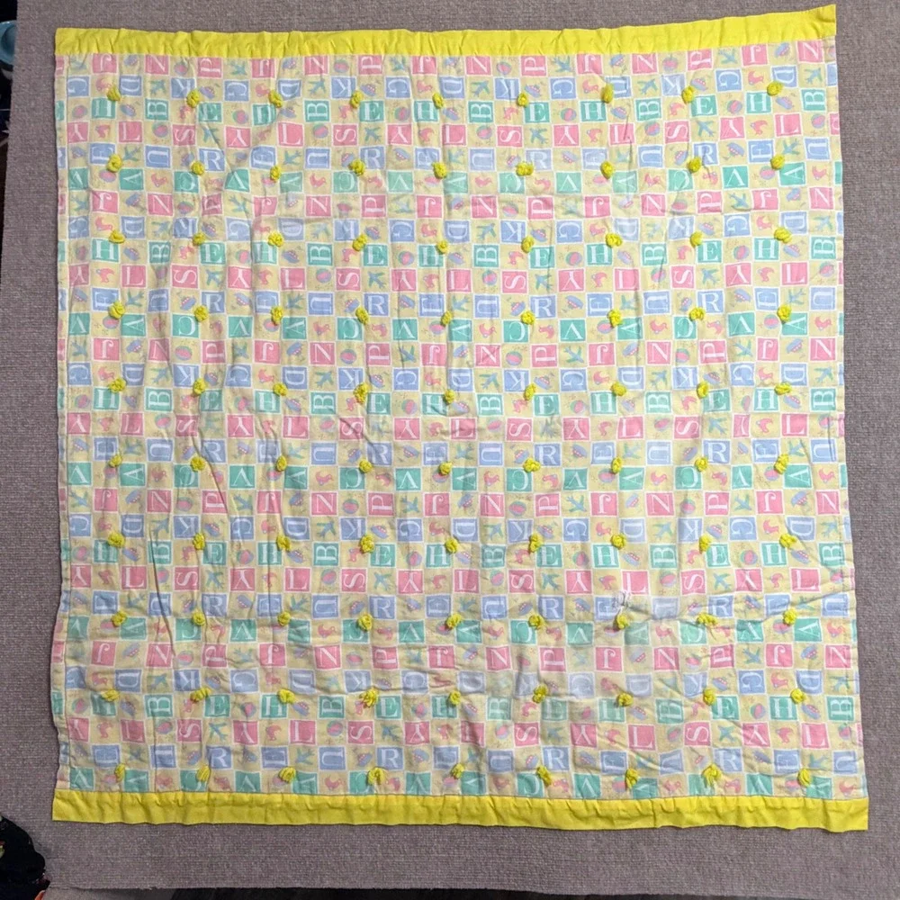 Vintage Handmade Baby Quilt Alphabet Block Pastel Plaid Yellow Ruffle Trim 45x45